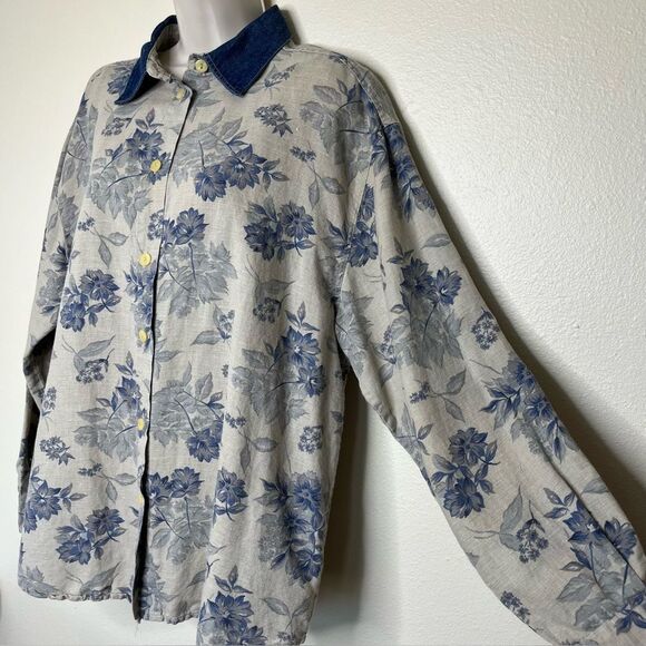 Vintage Capacity Linen Floral Denim Tan Long Sleeve Button Front Shirt Women XL - Picture 4 of 11